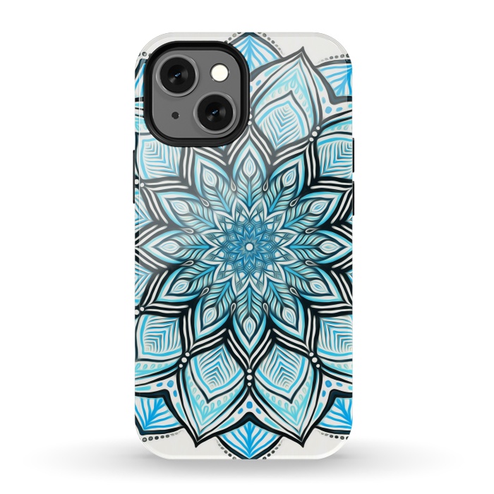 iPhone 13 mini StrongFit Turquoise Tribal Mandala on White by Micklyn Le Feuvre