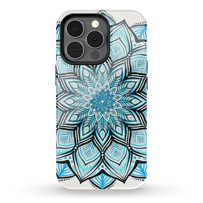 iPhone 13 pro StrongFit Turquoise Tribal Mandala on White by Micklyn Le Feuvre