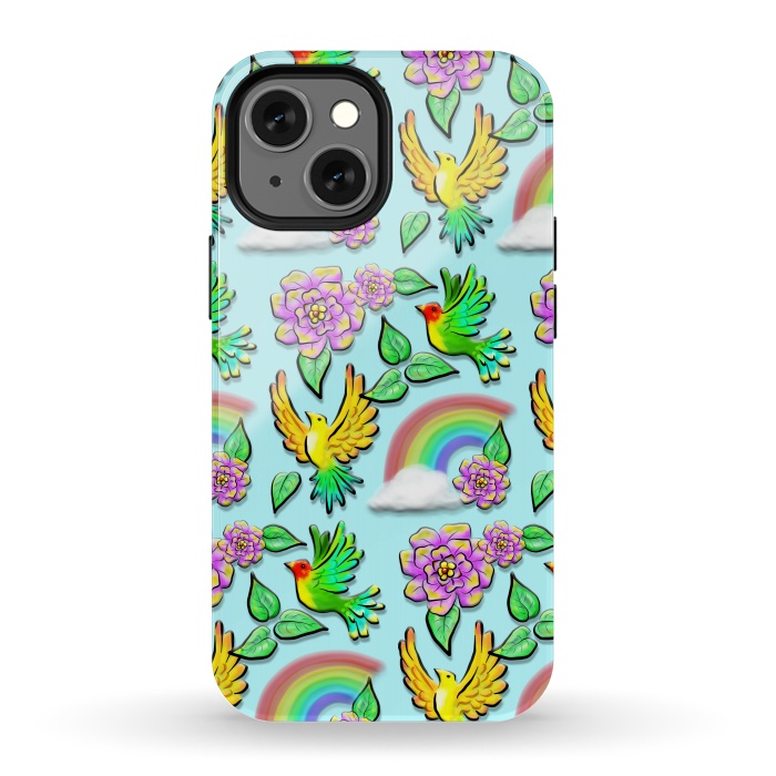 iPhone 13 mini StrongFit Birds Flowers and Rainbows Doodle Pattern by BluedarkArt