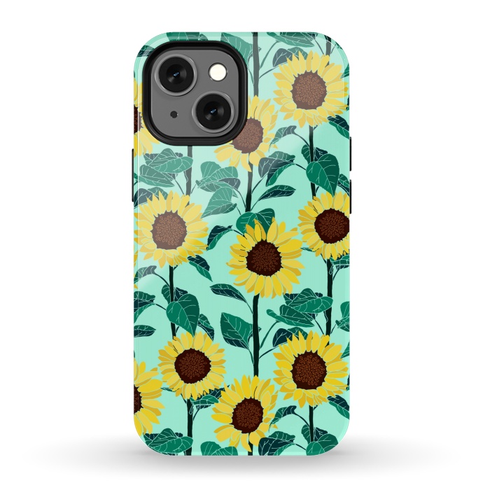 iPhone 13 mini StrongFit Sunny Sunflowers - Mint  by Tigatiga