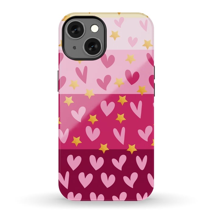 iPhone 13 StrongFit Pink Hearts With Stars by Rossy Villarreal