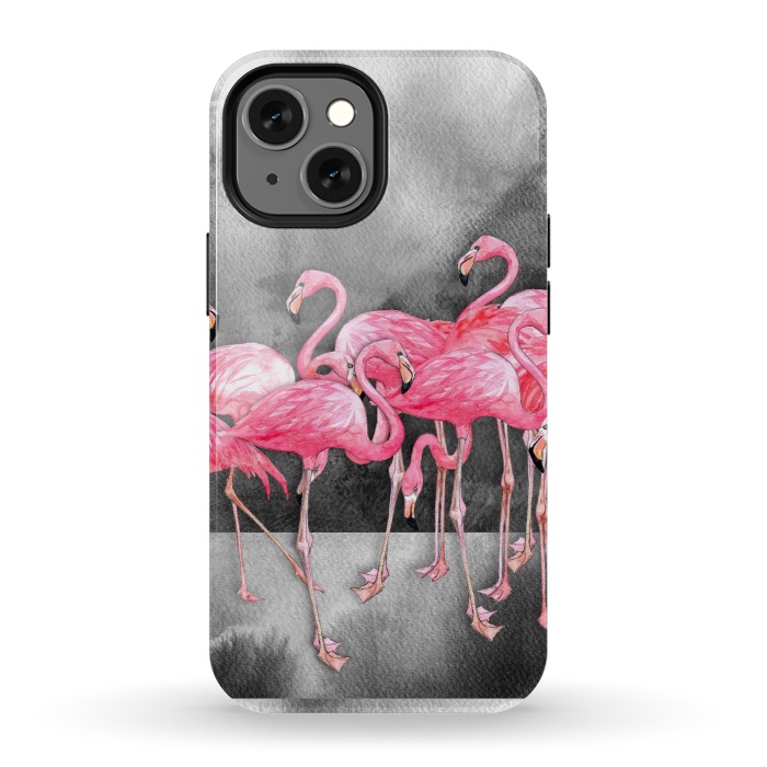 iPhone 13 mini StrongFit Pink Flamingos in Watercolor & Ink by Micklyn Le Feuvre