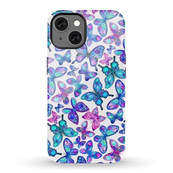 iPhone 13 StrongFit Watercolor Fruit Patterned Butterflies - aqua and sapphire by Micklyn Le Feuvre