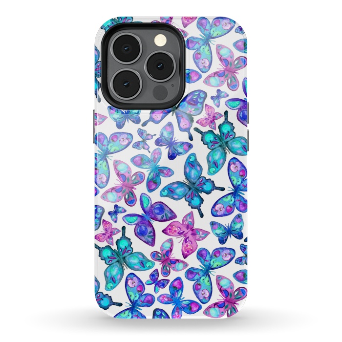 iPhone 13 pro StrongFit Watercolor Fruit Patterned Butterflies - aqua and sapphire by Micklyn Le Feuvre