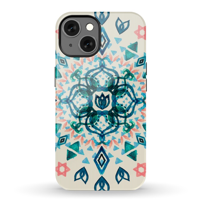 iPhone 13 StrongFit Watercolor Lotus Mandala in Teal & Salmon Pink by Micklyn Le Feuvre