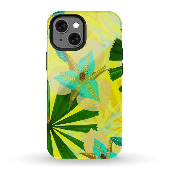 iPhone 13 mini StrongFit Colorful Yellow Green and teal Abstract Aloha Tropical Jungle by  Utart