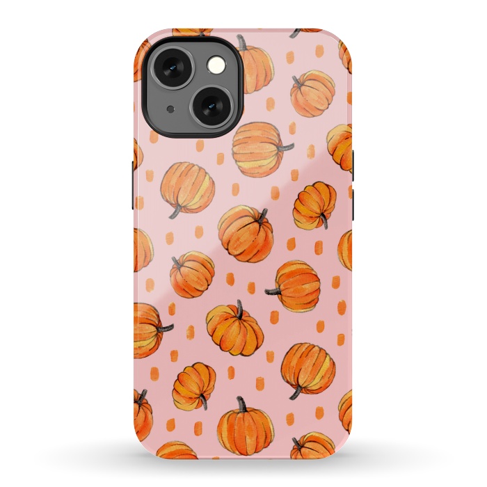 iPhone 13 StrongFit Little Gouache Pumpkins with Dots on Pink by Micklyn Le Feuvre