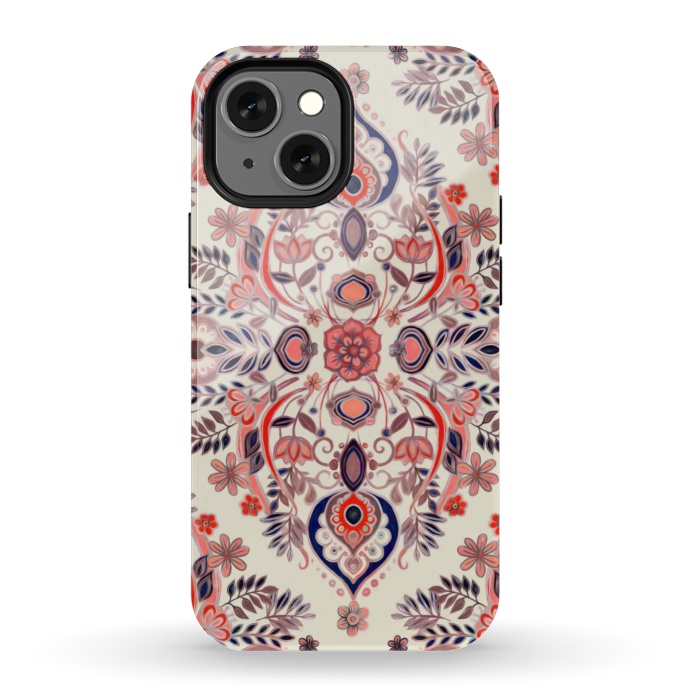iPhone 13 mini StrongFit Modern Folk in Coral Red and Indigo by Micklyn Le Feuvre