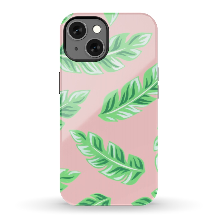iPhone 13 StrongFit Pink Tropical Palm Leaf Print by Becky Starsmore