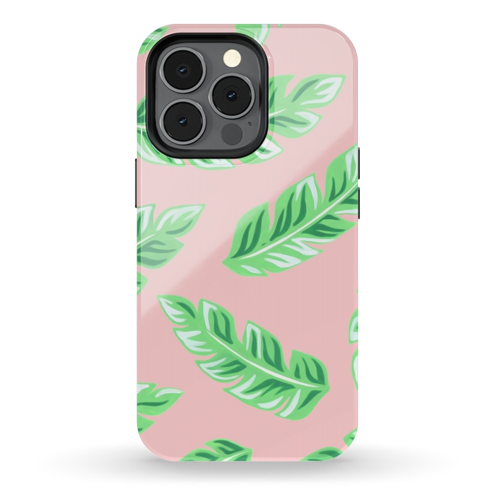 iPhone 13 pro StrongFit Pink Tropical Palm Leaf Print by Becky Starsmore