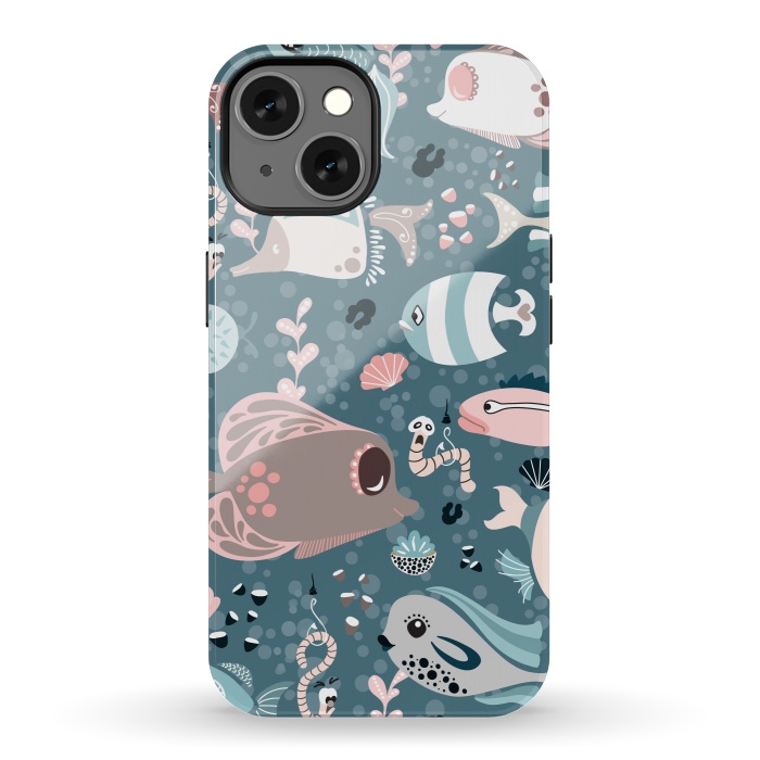 iPhone 13 StrongFit Funny Fish in Blue and White by Paula Ohreen