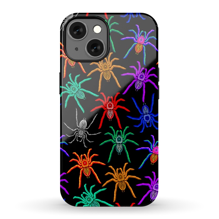 iPhone 13 StrongFit Spiders Pattern Colorful Tarantulas on Black by BluedarkArt