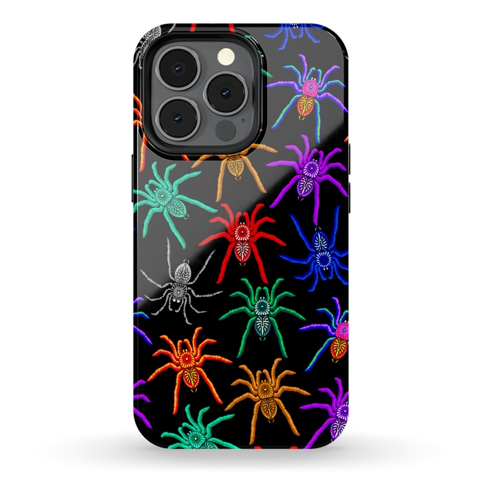 iPhone 13 pro StrongFit Spiders Pattern Colorful Tarantulas on Black by BluedarkArt