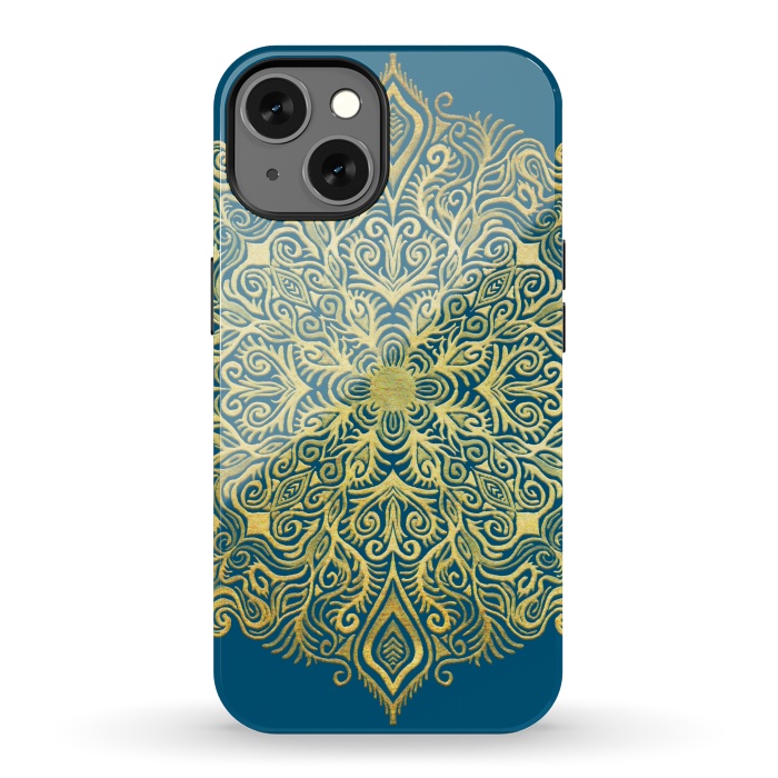 iPhone 13 StrongFit Ornate Gold Mandala on Deep Blue by Micklyn Le Feuvre