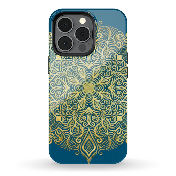 iPhone 13 pro StrongFit Ornate Gold Mandala on Deep Blue by Micklyn Le Feuvre