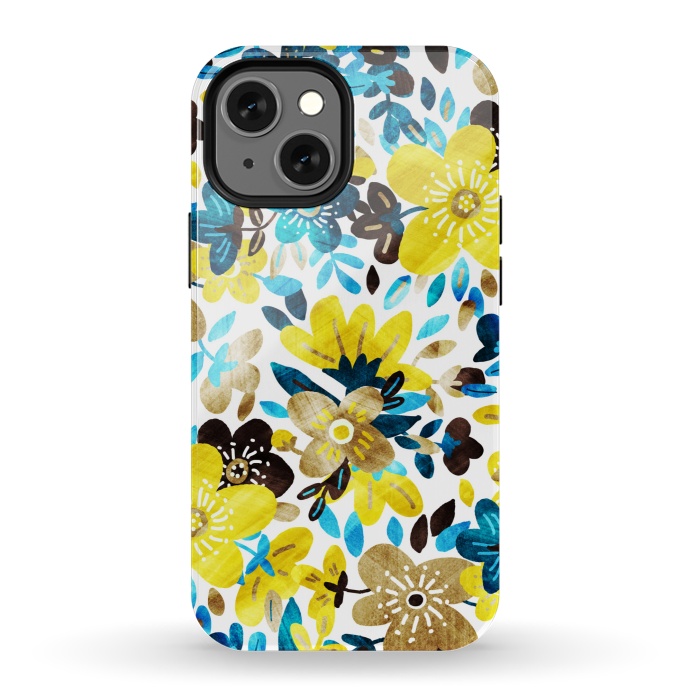 iPhone 13 mini StrongFit Happy Yellow & Turquoise Floral Collage by Micklyn Le Feuvre