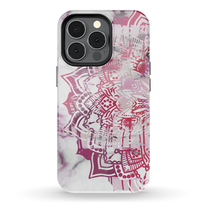iPhone 13 pro StrongFit Red pink mandala digital painting on white marble by Oana 
