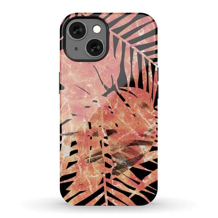 iPhone 13 StrongFit Golden palm and ficus tropical marble leaves on black background by Oana 