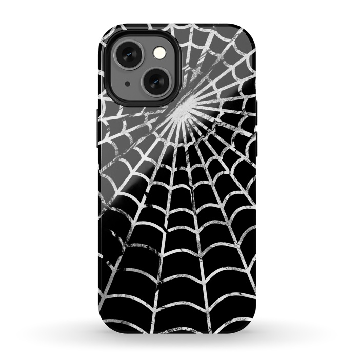 iPhone 13 mini StrongFit Black and white textured brushed spider web - Halloween by Oana 
