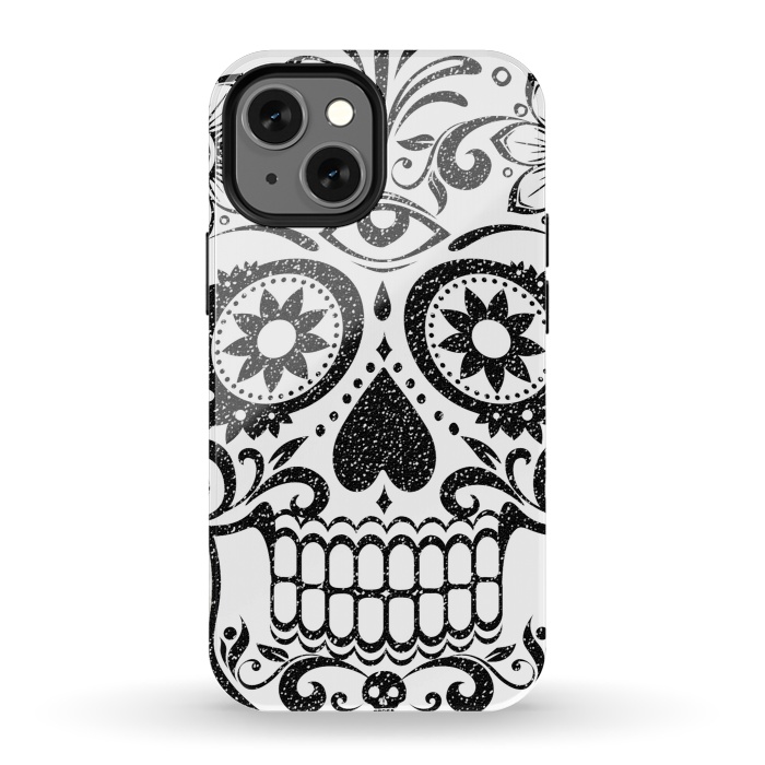 iPhone 13 mini StrongFit Black glitter decorated floral sugar skull - Halloween by Oana 