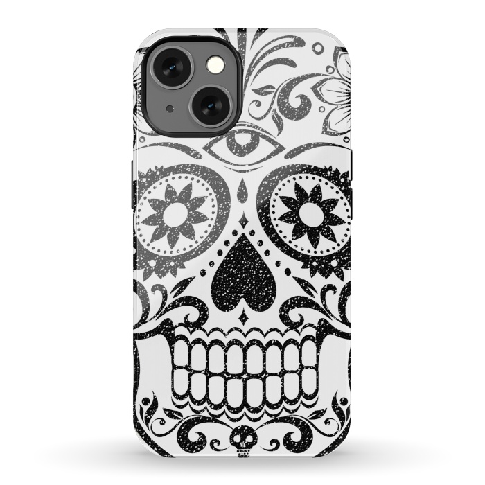 iPhone 13 StrongFit Black glitter decorated floral sugar skull - Halloween by Oana 