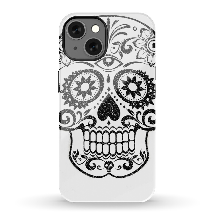 iPhone 13 StrongFit Day of the Dead floral black glitter sugar skull by Oana 