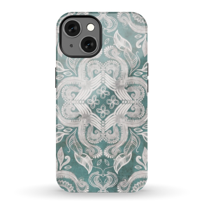 iPhone 13 StrongFit Dirty Denim Boho Pattern in Teal and Grey by Micklyn Le Feuvre