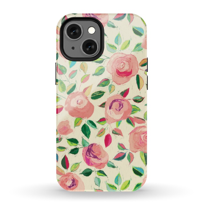 iPhone 13 mini StrongFit Pink and Peach Rose Pattern in Pastels by Micklyn Le Feuvre