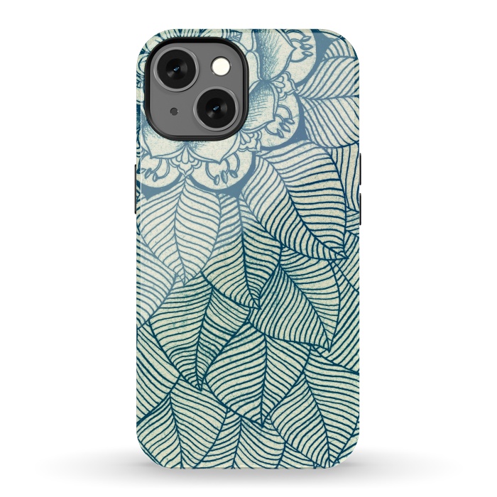 iPhone 13 StrongFit Emerald Green, Navy & Cream Floral & Leaf doodle by Micklyn Le Feuvre