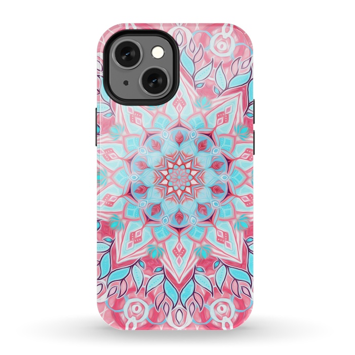 iPhone 13 mini StrongFit Bright Boho Aqua and Pink Mandala by Micklyn Le Feuvre