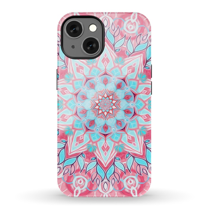 iPhone 13 StrongFit Bright Boho Aqua and Pink Mandala by Micklyn Le Feuvre