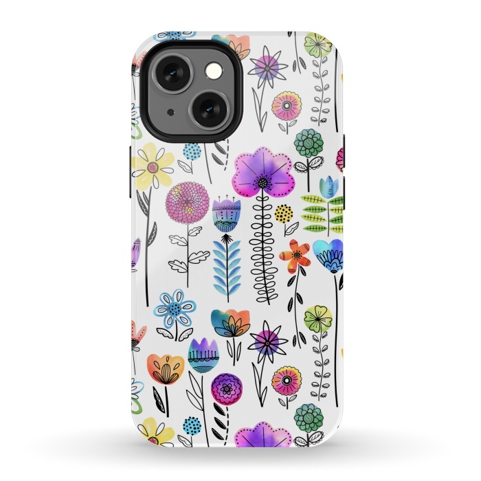 iPhone 13 mini StrongFit Bright Watercolor and Line Art Flowers by Noonday Design