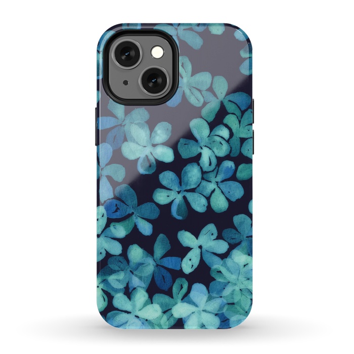 iPhone 13 mini StrongFit Hand Painted Floral Pattern in Teal & Navy Blue by Micklyn Le Feuvre