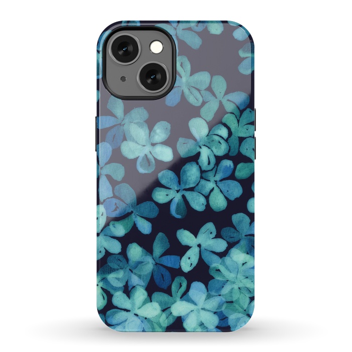 iPhone 13 StrongFit Hand Painted Floral Pattern in Teal & Navy Blue by Micklyn Le Feuvre