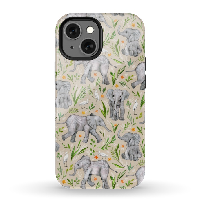 iPhone 13 mini StrongFit Little Watercolor Elephants and Egrets on Neutral Cream by Micklyn Le Feuvre