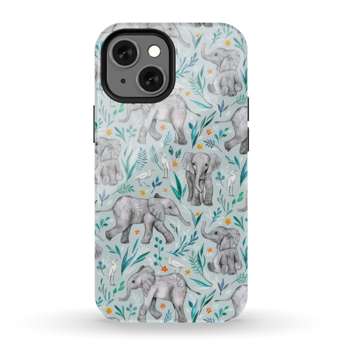 iPhone 13 mini StrongFit Little Watercolor Elephants and Egrets on Light Blue by Micklyn Le Feuvre