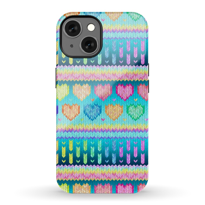 iPhone 13 StrongFit Cozy Knit with Rainbow Hearts on Teal Blue by Micklyn Le Feuvre