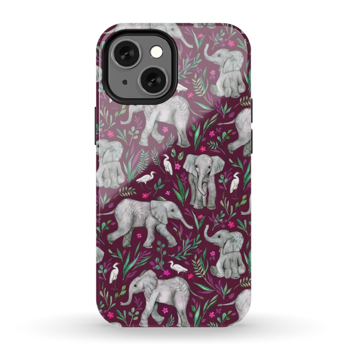 iPhone 13 mini StrongFit Little Watercolor Elephants and Egrets on Burgundy Red by Micklyn Le Feuvre
