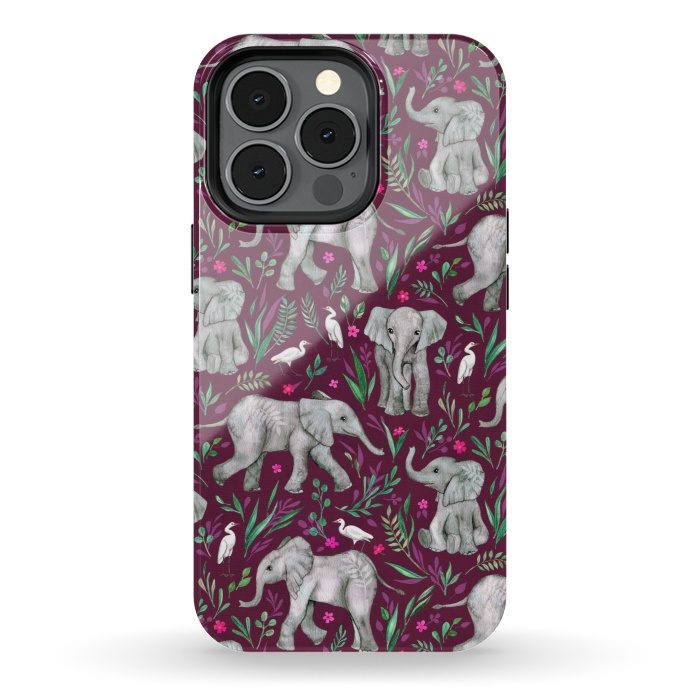 iPhone 13 pro StrongFit Little Watercolor Elephants and Egrets on Burgundy Red by Micklyn Le Feuvre
