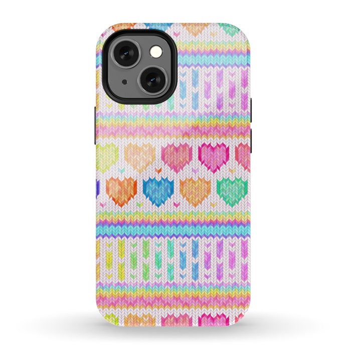iPhone 13 mini StrongFit Cozy Knit with Rainbow Hearts on Off White by Micklyn Le Feuvre