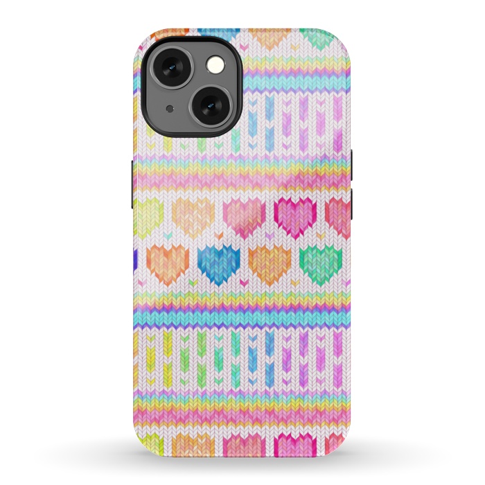 iPhone 13 StrongFit Cozy Knit with Rainbow Hearts on Off White by Micklyn Le Feuvre
