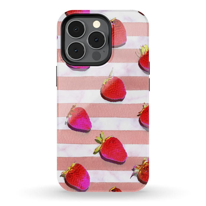 iPhone 13 pro StrongFit strawberries on watercolor painted stripes by Oana 