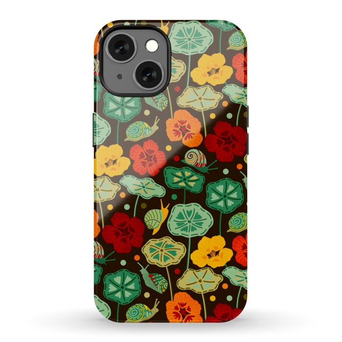 iPhone 13 StrongFit Nasturtiums & Snails On Brown  by Tigatiga