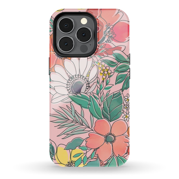 iPhone 13 pro StrongFit Cute girly pink floral hand drawn design by InovArts