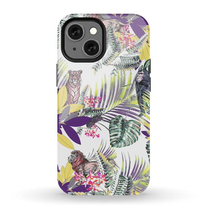 iPhone 13 mini StrongFit Colorful jungle leaves and wild animals pattern by Oana 