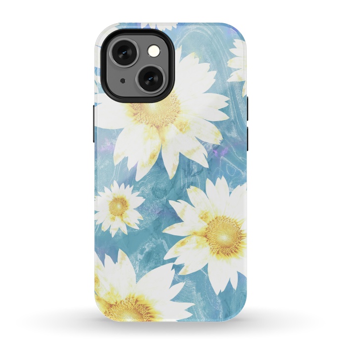 iPhone 13 mini StrongFit White sunflowers on baby blue marble by Oana 