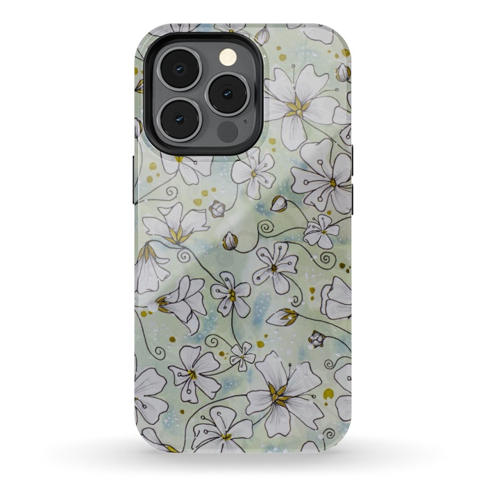 iPhone 13 pro StrongFit Pretty White Flowers on Watercolour by Paula Ohreen