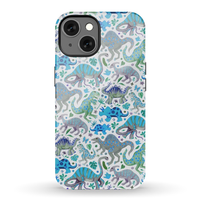 iPhone 13 StrongFit Happy Dinos in blue and green by Micklyn Le Feuvre