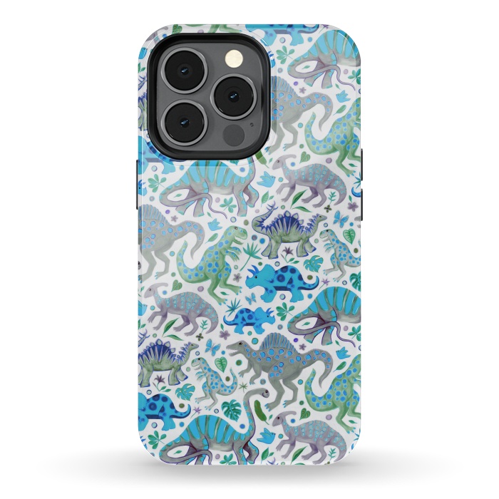 iPhone 13 pro StrongFit Happy Dinos in blue and green by Micklyn Le Feuvre