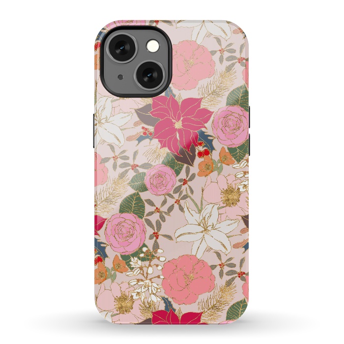 iPhone 13 StrongFit Elegant Golden Strokes Colorful Winter Floral by InovArts